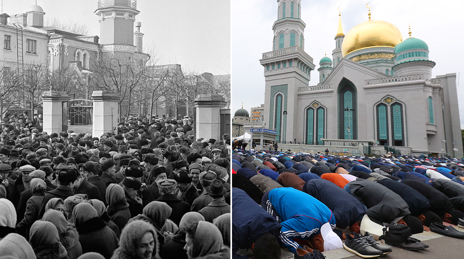У мечети во время богослужения по случаю праздника аит Асха, 1967 год (слева). Мусульмане во время торжественного намаза по случаю праздника Ураза-байрам у Соборной мечети, 2017 год