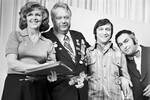 Телеведущая Валентина Леонтьева, спортивный комментатор радио и телевидения Николай Озеров и артисты эстрады Геннадий Хазанов и Левон Оганезов, 1962 год