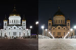 Храм Христа Спасителя до и после отключения подсветки в рамках экологической акции «Час Земли»