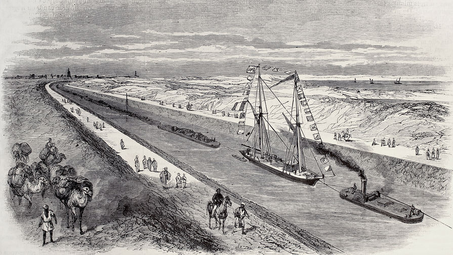 Иллюстрация с&nbsp;конвоем судов в&nbsp;Суэцком канале, опубликованная в&nbsp;Париже в&nbsp;1868 году
