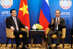 Премьер-министр РФ Дмитрий Медведев (справа) во время встречи на полях форума АТЭС с президентом Социалистической Республики Вьетнам Чыонгом Тан Шангом