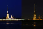 Вид на Петропавловскую крепость с подсветкой и после ее отключения в рамках экологической акции «Час Земли» в Санкт-Петербурге