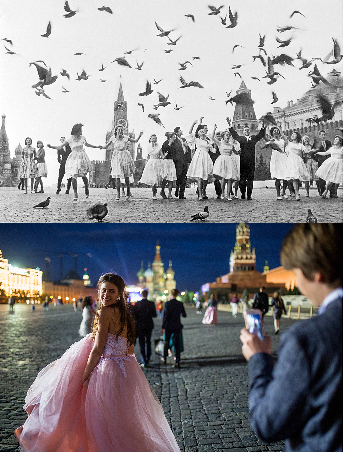 Выпускники столичных школ на Красной площади, 1961 год (вверху). Выпускники на Красной площади после VII Всероссийской премии-бала «Выпускник-2017» в Государственном Кремлевском дворце, 2017 год (внизу)
