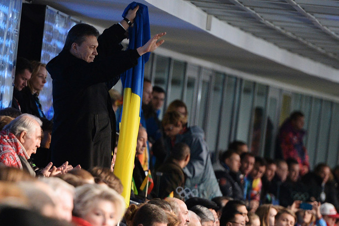 Виктор Янукович на&nbsp;трибуне во время церемонии открытия XXII зимних Олимпийских игр в&nbsp;Сочи, 2014&nbsp;год