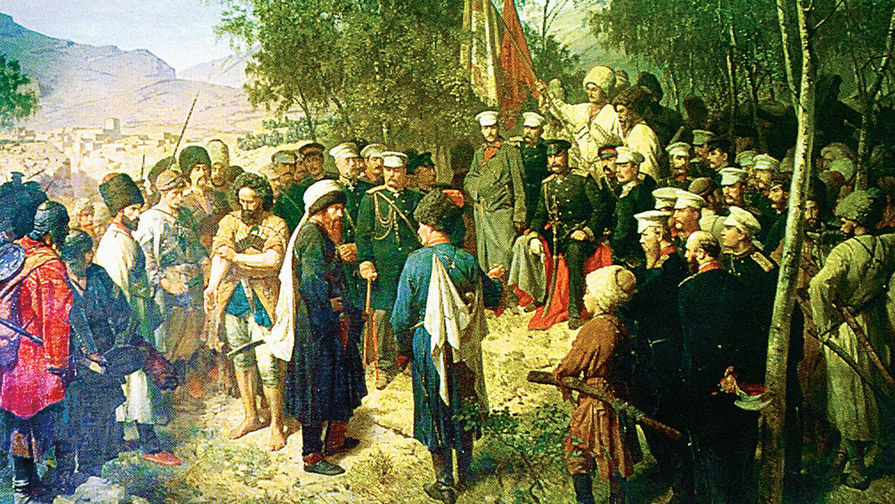 Теодор Горшельт. 1863 год. Пленный Шамиль перед главнокомандующим князем А. И. Барятинским 25 августа 1859 года