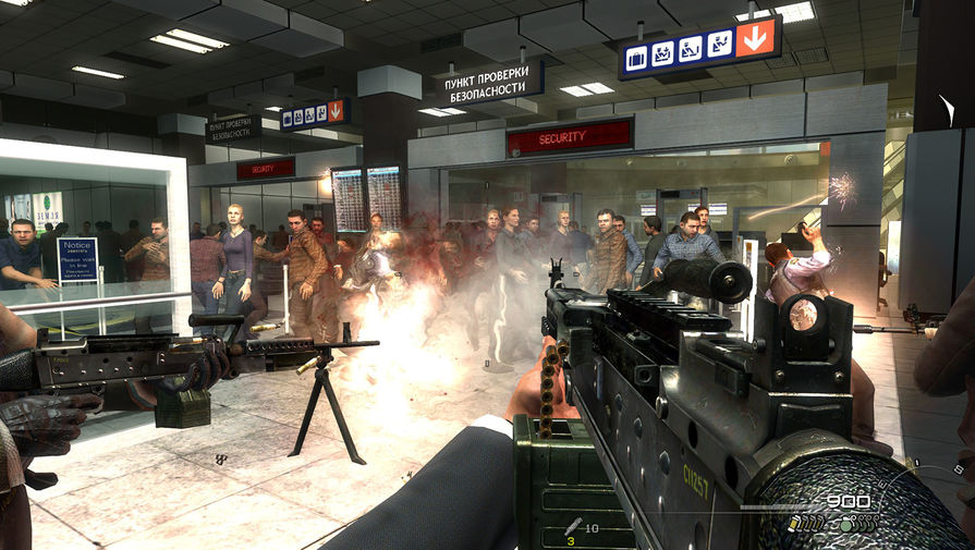 Сцена расстрела мирных граждан в аэропорту в миссии «Ни слова по-русски», кадр из игры «Call of Duty: Modern Warfare 2»