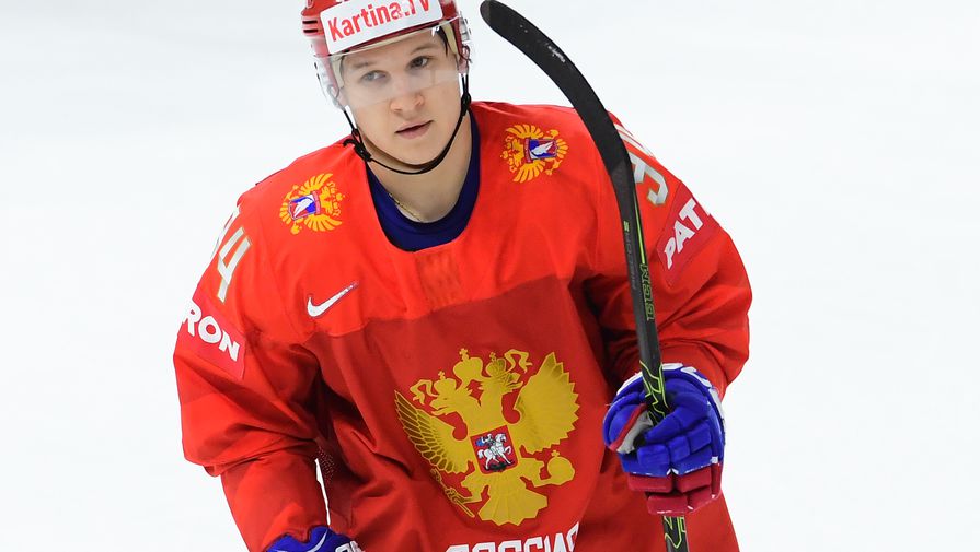 Игрок сборной России Александр Барабанов в матче группового этапа чемпионата мира по хоккею между сборными командами России и Швейцарии.