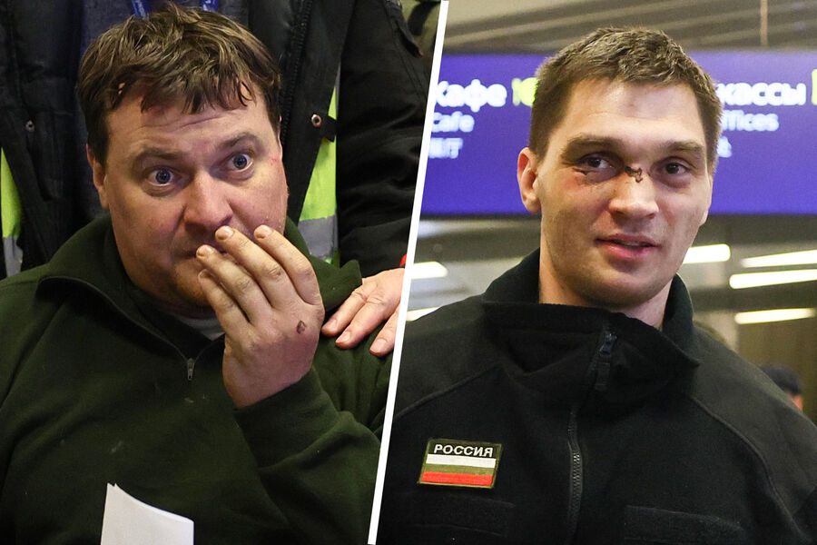 Пилоты Дмитрий Беляков (слева) и Аркадий Грачев во время возвращения в международном аэропорту Внуково, 26 января 2024 года
