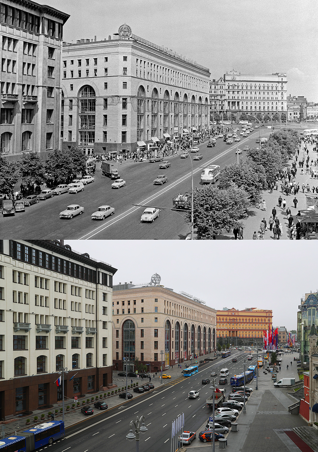 Универмаг «Детский мир», 1965 год (вверху). Центральный детский магазин на Лубянке, 2017 год (внизу)