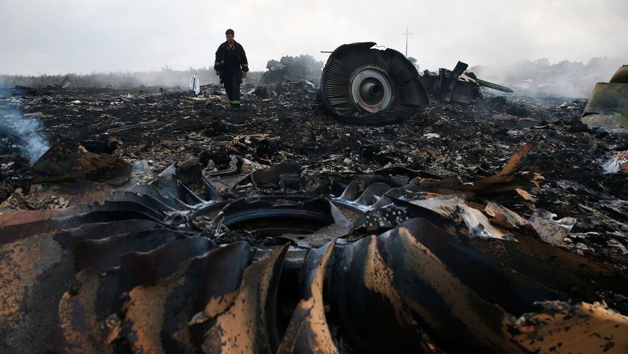 На месте крушения самолета Boeing 777 Малайзийских авиалиний в районе города Шахтерск Донецкой области, 17 июля 2014 года