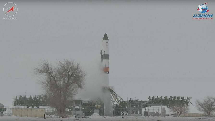 Кадр из&nbsp;трансляции запуска ракеты «Союз-2.1а» с&nbsp;кораблем «Прогресс МС-08» с&nbsp;космодрома Байконур, 13 февраля 2018 года