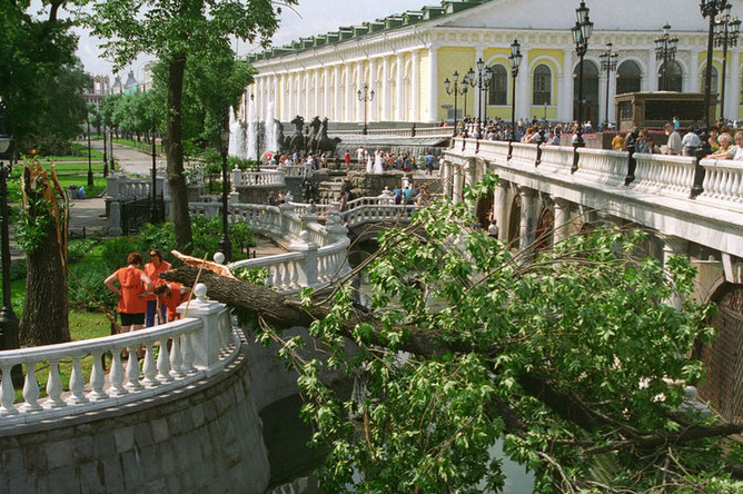 1998 год. Сломанные после урагана деревья на Манежной площади