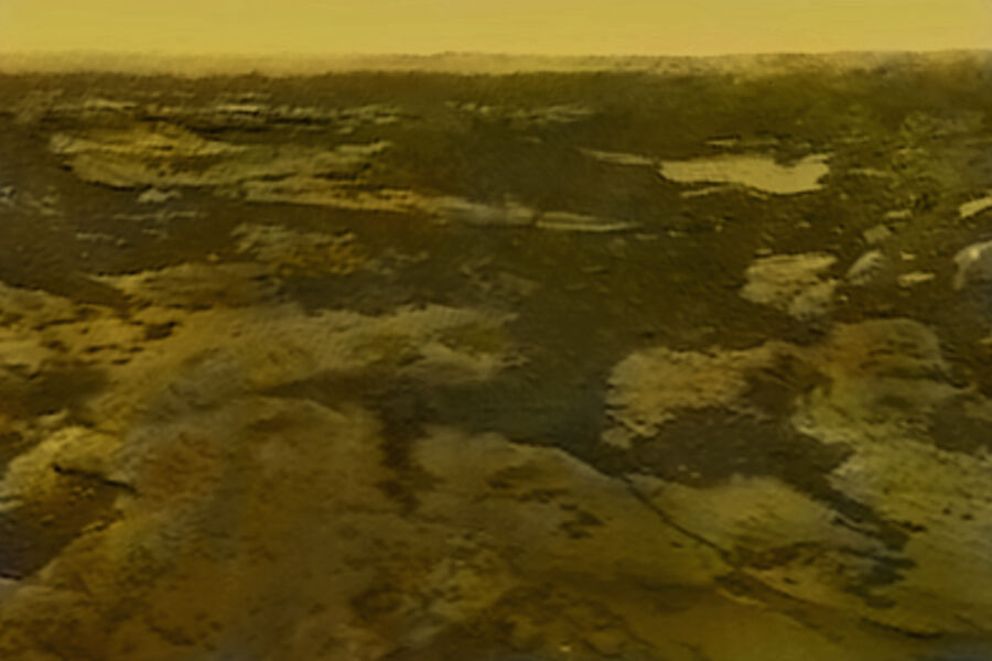 Ректифицированная и раскрашенная фотография поверхности Венеры, сделанная спускаемым аппаратом «Венера-10», 1975 год.