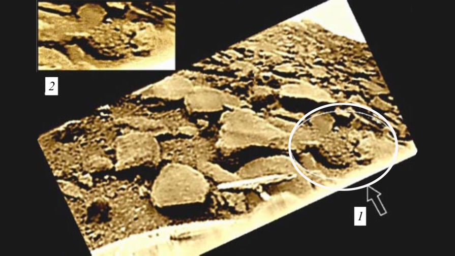 Объект с условным названием «сыч» (1) на обработанной панораме «Венеры-9». «Сыч» обладает выраженной продольной симметрией и белым прямым хвостом длиной 15 см. Его вид с частично исправленной геометрией (2) трудно интерпретировать как «странный камень» или как «вулканическую бомбу с хвостом». 