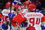 Хоккеисты сборной России Александр Барабанов,Илья Каблуков, Никита Зайцев и Максим Шалунов