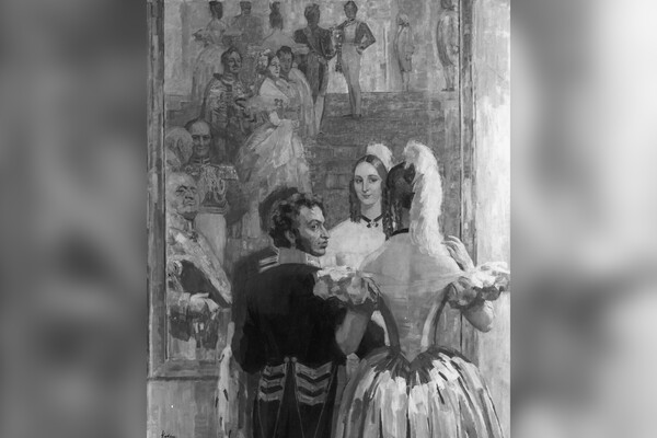 Репродукция картины художника Николая Павловича Ульянова (1875-1949) «А. С. Пушкин с женой перед зеркалом на придворном балу». Холст, масло. 1936. 
