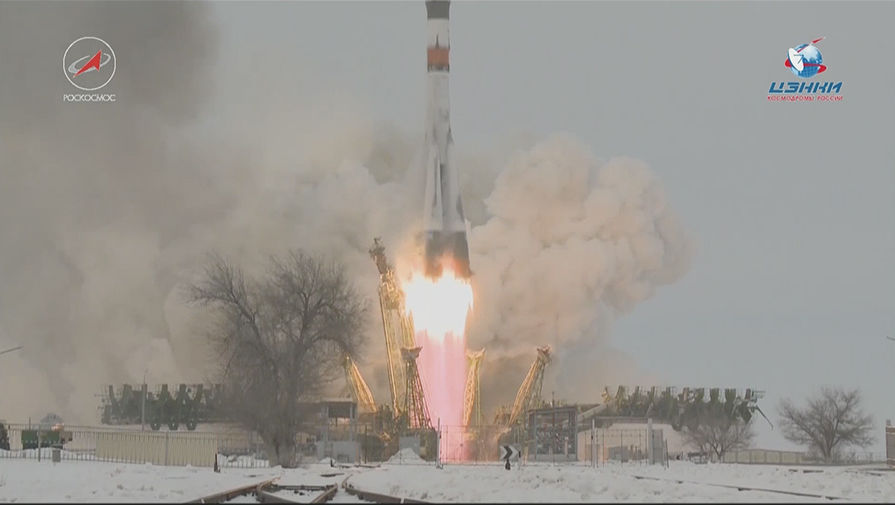 Кадр из&nbsp;трансляции запуска ракеты «Союз-2.1а» с&nbsp;кораблем «Прогресс МС-08» с&nbsp;космодрома Байконур, 13 февраля 2018 года